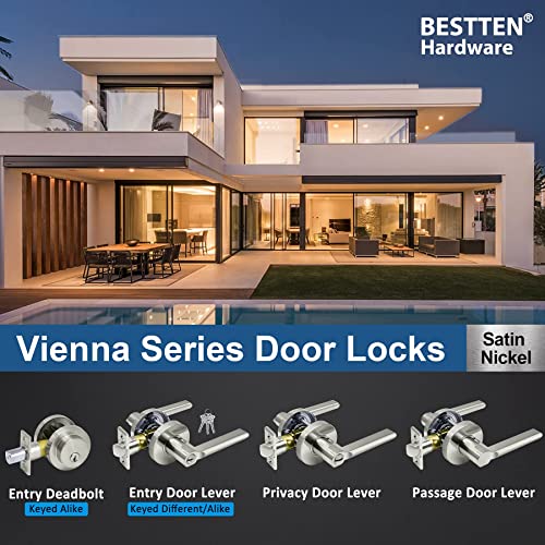 BESTTEN [5 Pack] Heavy Duty Satin Nickel Entry Door Lever, with Removable Latch Plate, Keyed Entry Locks, All Metal Door Handle for Exterior and Interior, Vienna Series, Keyed Different