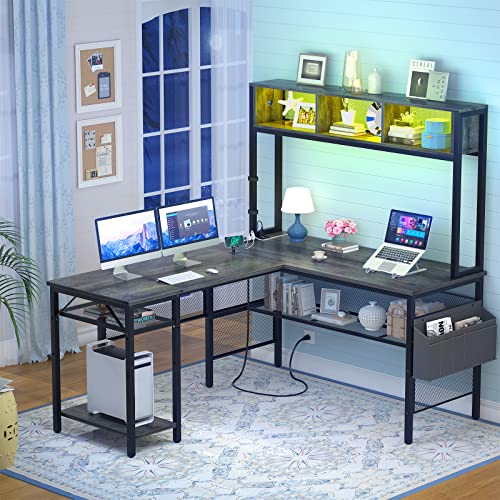 Unikito L Shaped Computer Desk with LED Strip & Power Outlets, Reversible L-Shaped Corner Desk with Storage Shelves & Bag, Industrial Home Office Desk Gaming Table with USB Port, Black Oak, 55 Inch