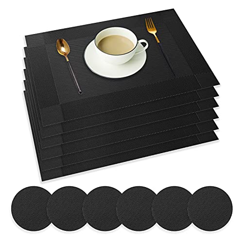 Neween Placemat with Compatible Coaster, Fine Weaving Insulation Placemat Set of 6 Non-Slip Heat Resistant Washable Table Mat Set for Kitchen Dining Table (6PCS Placemat + 6 Coaster, Black)