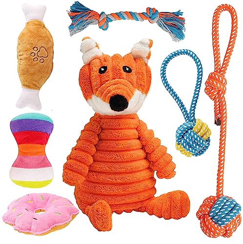 7 Pack Dog Toys, Dog Squeaky Toys, Puppy Toys for Teething Small Dogs, Stuffed Plush Dog Toys, Ropes for Medium to Large Dogs