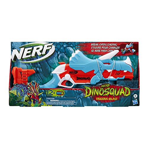 Hasbro NERF DinoSquad - Tricera-Blast Dart Blaster - US Version - TriceraTops Dinosaur Design - Break-Open 3-Dart Loading - 12 Official NERF Darts - Dart Storage - Toys for Kids - F0803 -Ages 8+