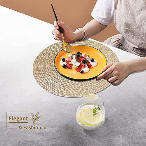 FYY Placemats, Round Placemats Set of 6 for Dining Table, Washable Round Anti-Skid Heat-Resistant PVC Table Mats Durable Stain Resistant Kitchen Table Mats, Set of 6 Gold