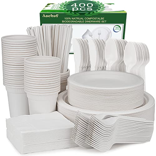 400pcs Eco-Friendly Biodegradable Disposable Paper Plates and Cutlery Napkins Cups Set, Non-Plastic Compostable Sugarcane Bagasse Tableware Dinnerware Dining Sets for Dinner Picnic Camping Party BBQ