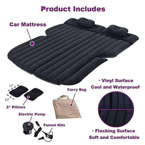 SUV Air Mattress, Car Bed with Electric Air Pump, Inflatable Car Mattress for Back Seat, Flocking Surface Home Sleeping Pad(Black)