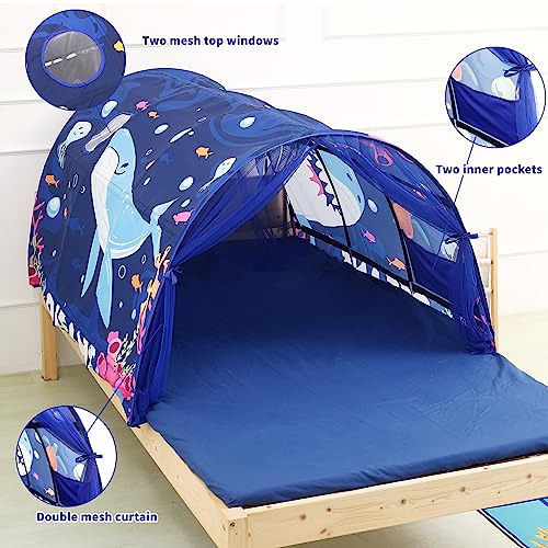 Lucky castle Bed Tent for Kids Toddler Foldable Game House Children Play Tents Breathable Cottage Combination Sleeping Canopy Playhouse Double Net Curtain with Storage Bag, Ocean,(bed tent-ocean)