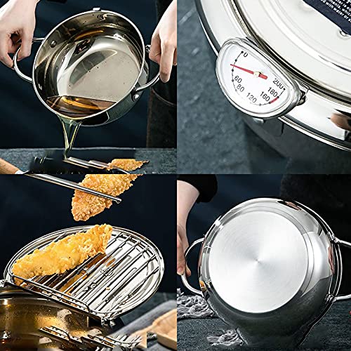 KIDYBELL Deep Fryer Pan 304 Stainless Steel Tempura Frying Pot Japanese Style Fryer With Thermometer，Lid and Oil Drip Rack(24cm/9.4inch)