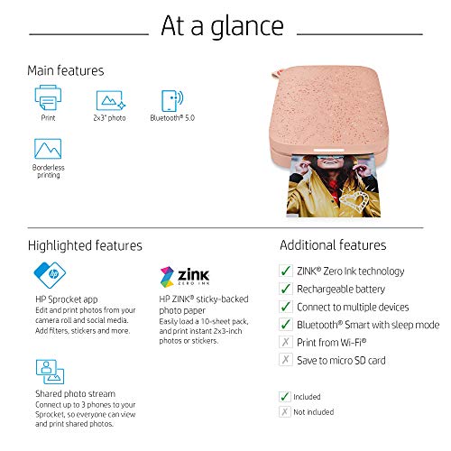 HP Sprocket Portable 2x3 Instant Photo Printer (Blush) Print Pictures on Zink Sticky-Backed Paper from Your iOS & Android Device.