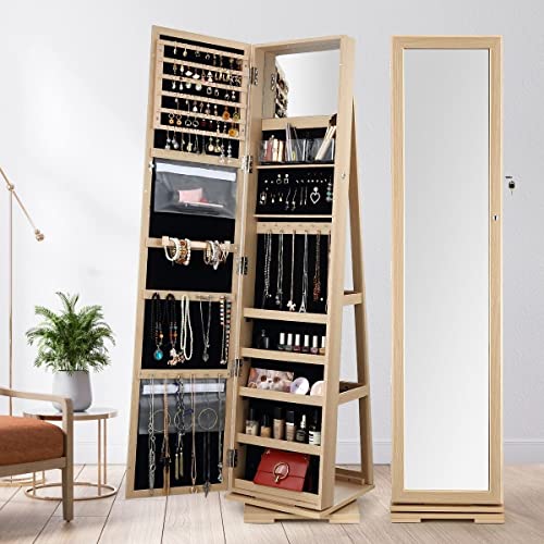 Jewellery Cabinet Standing 360 Degree Rotating Full-Length Mirror Jewelry Storage Organiser Armoire Gold