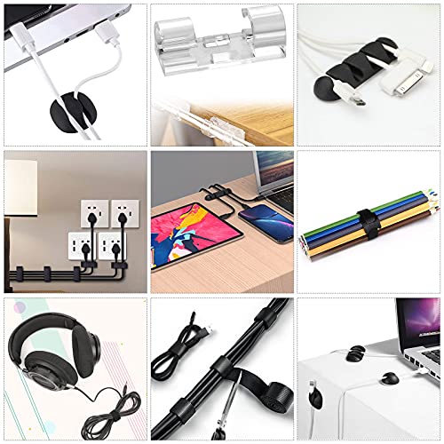 Cord Management Organizer Kit 4 Cable Sleeve Split with 41Self Adhesive Cable Clips Holder, 10pcs and 2 Roll Self Adhesive tie and 100 Fastening Cable Ties for TV Office Car Desk Home Nightstand