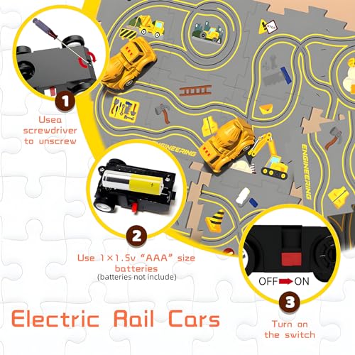 ZCOINS Construction Car Puzzle Track Race Playset for Kids, Puzzle Mat Rail Train Vehicle STEM Montessori Toys, DIY Road Builder Board Game Educational Gift Toys for 3 4 5 6 7 Year Old Boys