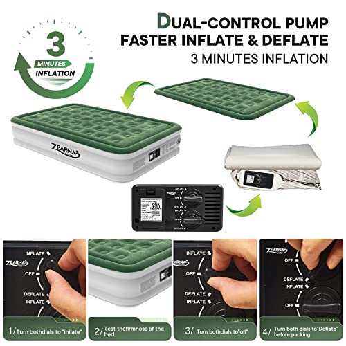 Zearna Queen Air Mattress with Built-in Pump for Home, Camping & Guests - 16” Queen Size Inflatable Airbed Double High Adjustable Blow Up Mattress, Durable Portable Waterproof