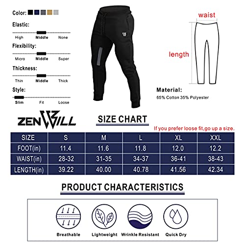 ZENWILL Mens Tapered Gym Joggers, Fitness Pants Casual Workout Track Pants with Zip Pockets（Medium,Black