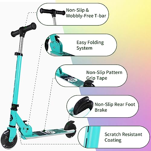 BELEEV Scooters for Kids Ages 3-12 with Light-Up Wheels & Stem & Deck, 2 Wheel Folding Scooter for Girls Boys, 3 Adjustable Height, Non-Slip Pattern Deck, Lightweight Kick Scooter for Children