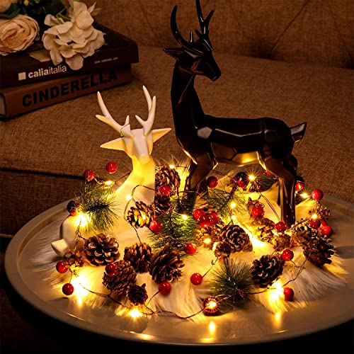 1.9 Meters 20 LED Christmas Garland with Lights, Red Berry Pine Cone Garland Lights Battery Operated, led Garland String Lights, Christmas Decorations for Home, Garland for Fireplace