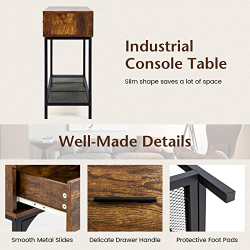 Giantex Industrial Console Table with Drawer, Behind Couch Table for Small Space, Kitchen Buffet Table with Anti-Tipping Kit, Metal Frame Entryway Table for Dining Room Living Room, Rustic Brown