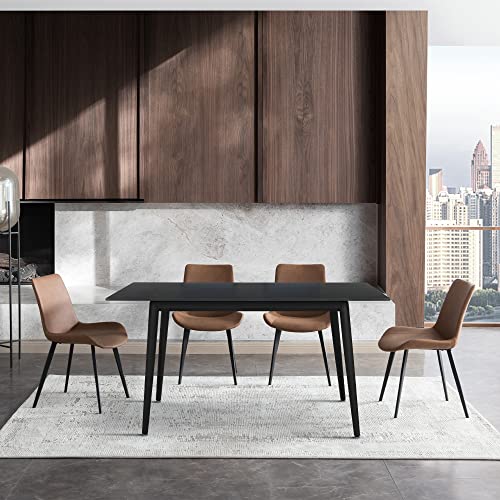 5 Piece Dining Table Set, Dining Chairs Set of 4, Modern Kitchen Table Set Top with Slate Stone, Metal Base & Legs, Dining Room Table and Leather Chairs (Brown,1 Table with 4 Chairs)