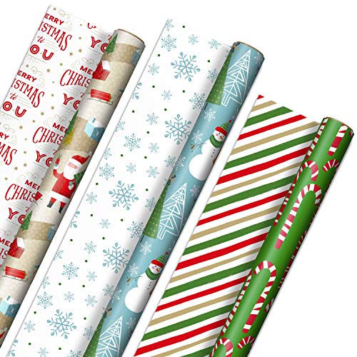 Hallmark Reversible Christmas Wrapping Paper (3 Rolls: 120 sq. ft. TTL) Rustic Santa, Papercraft Snowmen, Candy Canes, Stripes, Snowflakes, Merry Christmas to You