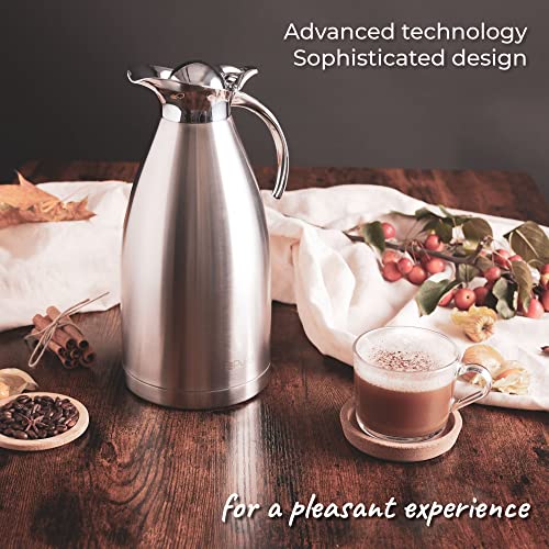 Thermal Coffee Carafe by PYKAL 68Oz/2 liter, HEAVY-DUTY, LAB TESTED 24HR>140F, 2YR Warranty, FREE Long Handle Brush, Vacuum Insulated, Coffee Jug with Satin Finish