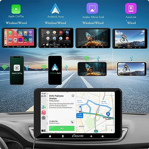 [2023 Upgrade] Carpuride W708 Pro with Wireless Bluetooth Transmission Portable Apple Carplay & Andorid Auto, 7 inch 1080P Touch Screen, Mirror Link/GPS/Siri/FM/Google, with Backup Camera