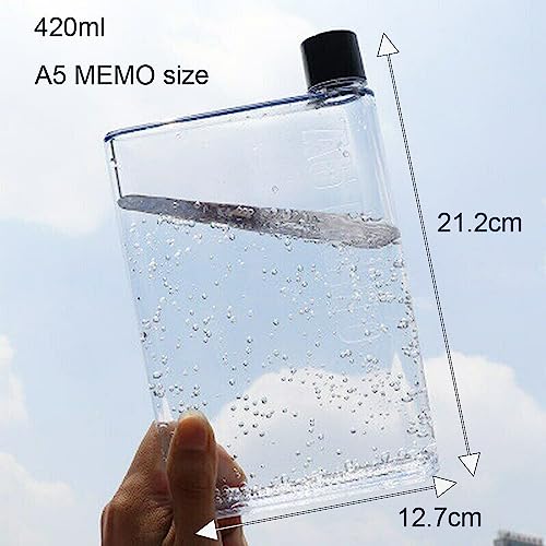 2-Pack Slim Water Bottle A5 Flat Water Bottle for Purse Mini Memo Reusable Clear 420ml Water Bottles, Portable BPA-Free, Leak-Proof, for Sports, School, Travel, and Everyday Use Fits in Pocket,Bag