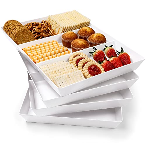 VITEVER 4 Pack, 16'' x 11'', 3-Section Large White Serving Trays Set - Reusable Plastic Platters for Party Food, Charcuterie, Snack, Dessert Display, Stackable Kitchen Dish, BPA Free (VT11-BTP4DV)