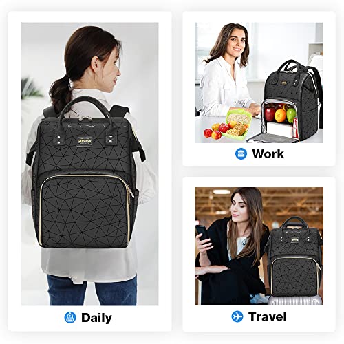 Lekebobor Lunch Backpack for Women Men Laptop Backpack 17.3 Inch, PU Leather Laptop Backpack with Lunch Compartment, Lunch Backpack Cooler Bag with a PVC Lunch Bag and an Ice Bag, Black