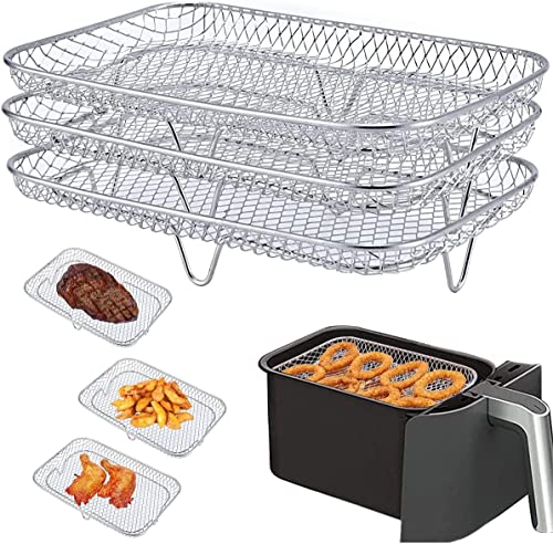 Air Fryer Racks for Ninja Dual Air Fryer, 3-Layer Stackable Dehydrator Racks Stainless Steel Air Fryer Basket Air Fryer Accessories Fit for 7.5L-8L Air Fryer (Rectangle)