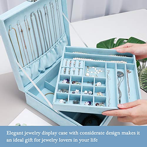 ProCase Jewelry Box Organizer for Women Girls, Two Layer Jewelry Display Storage Holder Case for Necklace Earrings Bracelets Rings Watches -Blue