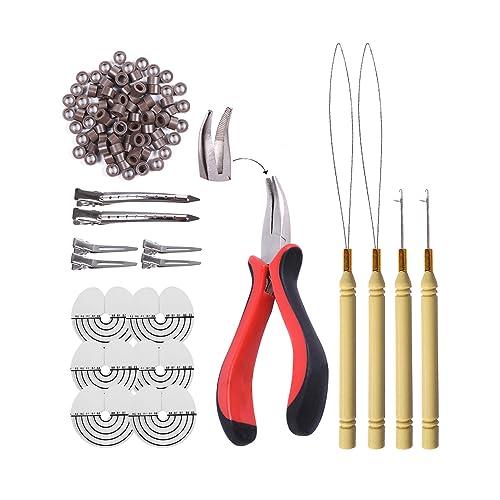 Hair Extensions Kit:I-tip Hair Pliers, Micro Pulling Needle, Loop Threader and 200pcs Micro Silicone Rings(Brown)