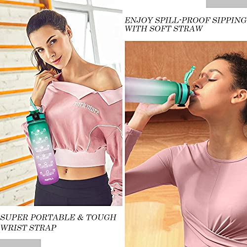 32oz Leakproof BPA Free Drinking Water Bottle with Time Marker & Straw to Ensure You Drink Enough Water Throughout The Day for Fitness and Outdoor Enthusiasts (Ombre-Green Purple, 32oz)