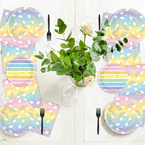 96 Pcs Rainbow Birthday Party Plates and Napkins Supplies Set Colorful Rainbow Party Disposable Paper Plates Tableware Kit Decorations Favors for Birthday Party Baby Shower for 24 Guests