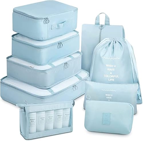 Packing Cubes, 9 Set Packing Cubes with Shoe Bag & Electronics Bag - Luggage Organizers Suitcase Travel Accessories (Sky Blue)