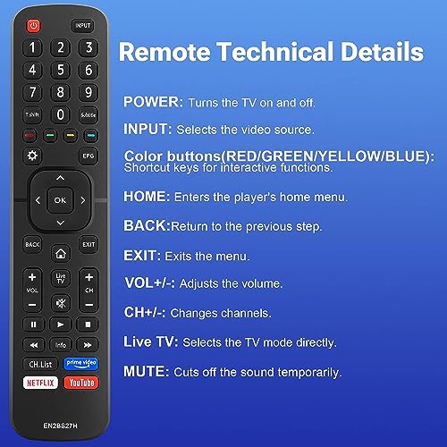 Universal Remote Control for Hisense Remote Control - Direct for All Hisense TV Remote Control LED Smart TVs, with Shortcut Buttons for Netflix, Prime Video, YouTube EN2BS27H