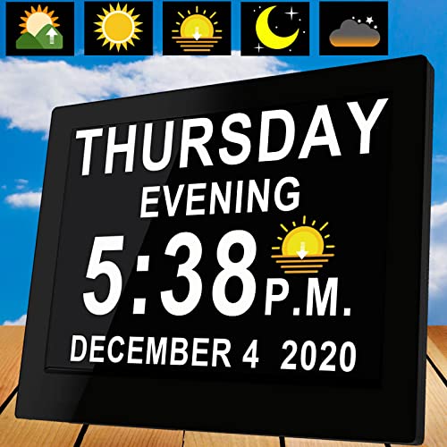 2023 Upgraded 19 Alarms Electronic Calendar Clock Day Date Clock, Non-Abbreviated Memory Loss Extra Large Day & Month Digital Clock, Auto Night Dimming (8” Black with Remote Control)