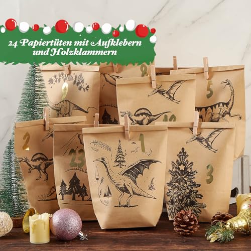 Advent Calendar for Filling - with 24 Brown Gift Bags and 24 Number Stickers - Dinosaur Motif Calendar - for Crafts - Christmas & Advent for Children Boys and Girls