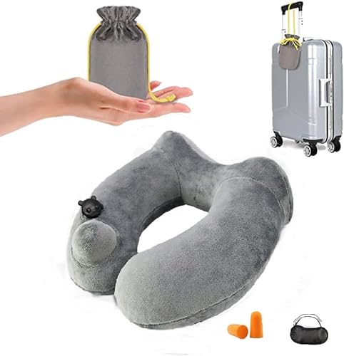 Inflatable Travel Neck Pillow, Koficat Portable Airline U-Shaped Pillow with Portable Packsack, Ergonomic Arc-Designed Support for The Head and Neck, for Airline/Train/Car Seat/Outdoor