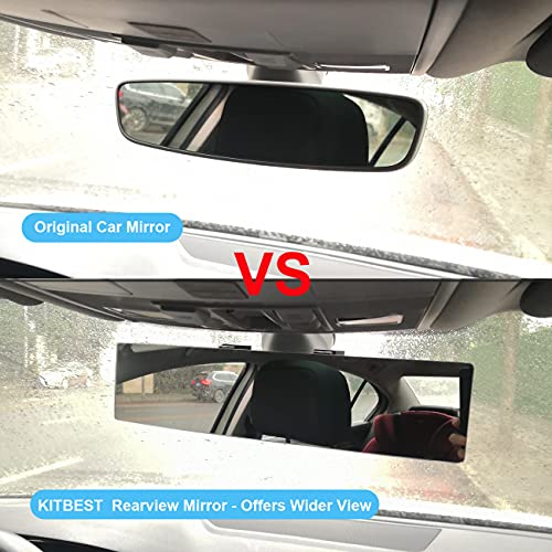 Kitbest Rear View Mirror, 12 Inch Universal Interior Clip On Panoramic Rearview Mirror, Wide Angle Mirror, Frameless Extended Rear View Mirror, Car Mirror – Clear Tint – Convex for Cars, SUV, Trucks