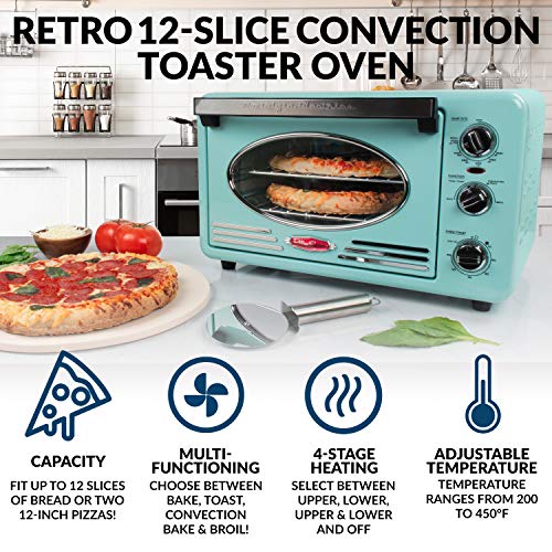 Nostalgia RTOV2AQ Large-Capacity 0.7-Cu. Ft. Capacity Multi-Functioning Retro Convection Toaster Oven, Fits 12 Slices of Bread and Two 12-Inch Pizzas, Built in Timer, Includes Baking Pan