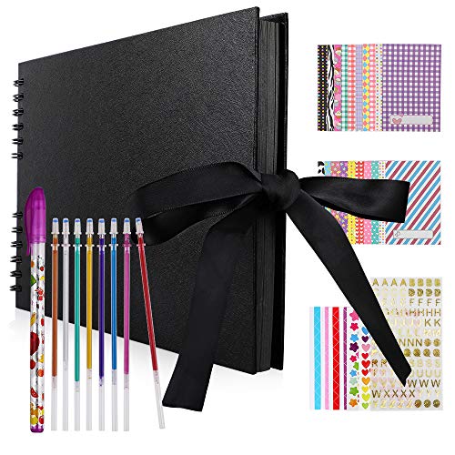 Hianjoo Photo Album Scrapbook with 80 Pages (40 Sheets) Black Pages Memory Book 29*20cm Handmade DIY Album Craft Paper Kits (8 Paint Pens, 25 Stickers) for Wedding Guest Book, Anniversary, Valentines Day Gifts