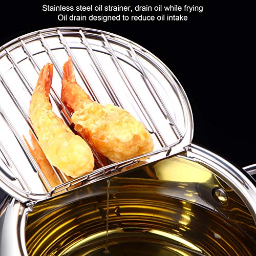 Deep Fryer Pot, Small Tempura Deep Fryer Stainless Steel Japanese Frying Pot with Thermometer, Lid and Oil Drip Drainer Rack for French Fries Shrimp Chicken Wings and Shrimp(S) deep Fryer