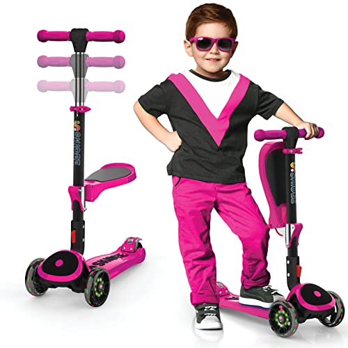 Kick Scooters for Kids Ages 3-5 (Suitable for 2-12 Year Old) Adjustable Height Foldable Scooter Removable Seat, 3 LED Light Wheels, Rear Brake, Wide Standing Board, Outdoor Activities for Boys/Girls