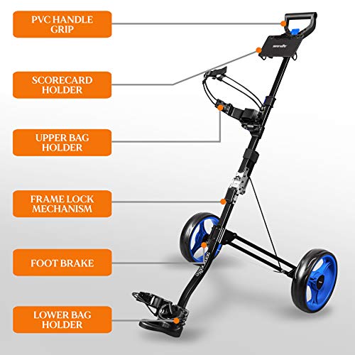 SereneLife 2 Wheel Golf Push Cart - Lightweight Folding Walking Push Cart Roller Golf Bag Holder Upper/Lower Bracket w/Elastic Strap, Bag Storage Holder SLGZX3