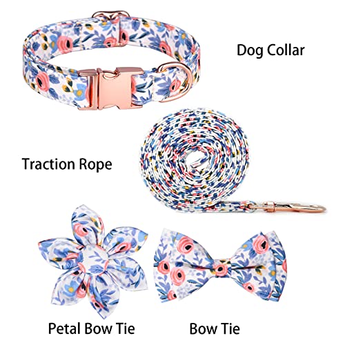 Dog Collar with Flower and Bow Tie，Adjustable Metal Buckle Floral Pattern Dog Collar for Girl Dog Boy Dog Small Medium Large Dog (S-Neck 10-16.5", Width 0.59", Blue)