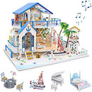 GuDoQi DIY Dollhouse Kit, 3D Wooden Miniature Dollhouse with Furnitures and Music, Handmade Mini Apartment Model Kit for Adults to Build, Blue Sea Legend