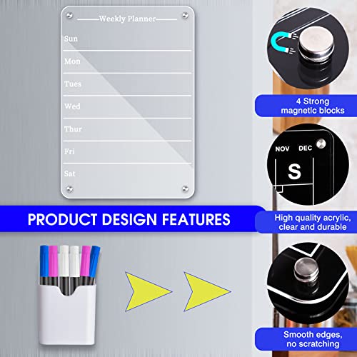 2 PCS 9"x13" Clear Weekly Meal Planner Magnetic Acrylic Board,Acrylic Magnetic Dry Erase Board for Fridge, Magnet Week Calendar for Refrigerator Includes 6 Colors Markers and Pen Container