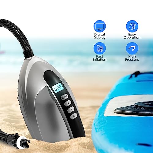 SereneLife Premium Compact Digital Air Pump Compressor with Preset PSI Auto Shut Off for Inflating SUP Paddle Boards, Boats, Rafts, Pool Toys, Water Sports 12V DC Car Connection (SLPUMP10)