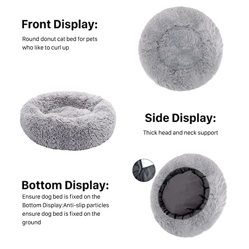 USOR Calming Cat Beds & Dog Bed, Anti-Anxiety Donut Dog Cuddler Bed, Large Cat Bed or Small Dog Bed, Disassemble and Washable 50 cm Warming Cozy Soft & Fluffy Faux Fur Plush Dog Cushion Bed Light Gray