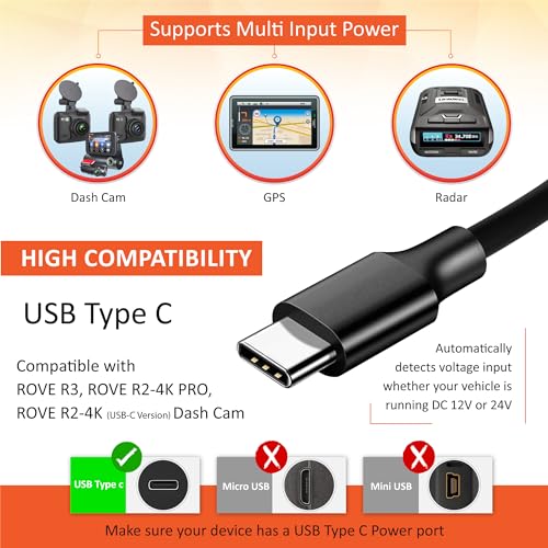 Dash Cam Hardwire Kit | USB Type C Port | for Rove R2, R2-PRO and R3 Dash Cam Models | Check Compatibility Image Before Purchasing