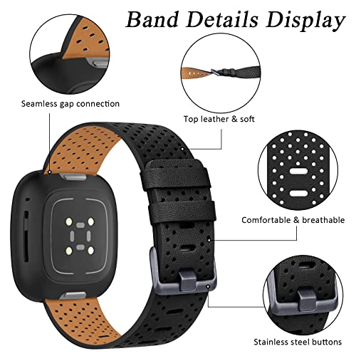 Tobpob Leather Bands for Fitbit Versa 3 Bands/Fitbit Sense Band for Men Women, Soft Genuine Leather Bands Replacement Straps for Fitbit Versa 3 / Sense, Small/Large, Black