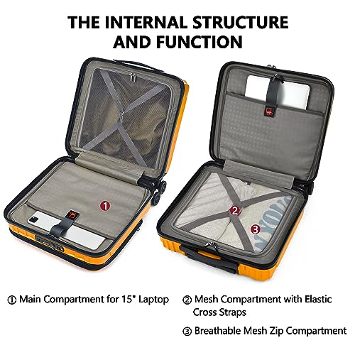 TydeCkare 16" Carry on Luggage with 2 Laptop Compartments, Lightweight Hardshell ABS+PC Suitcase with Dual Control TSA Lock, YKK Zipper, 4 Spinner Silent Wheels, for Business Travel, Orange